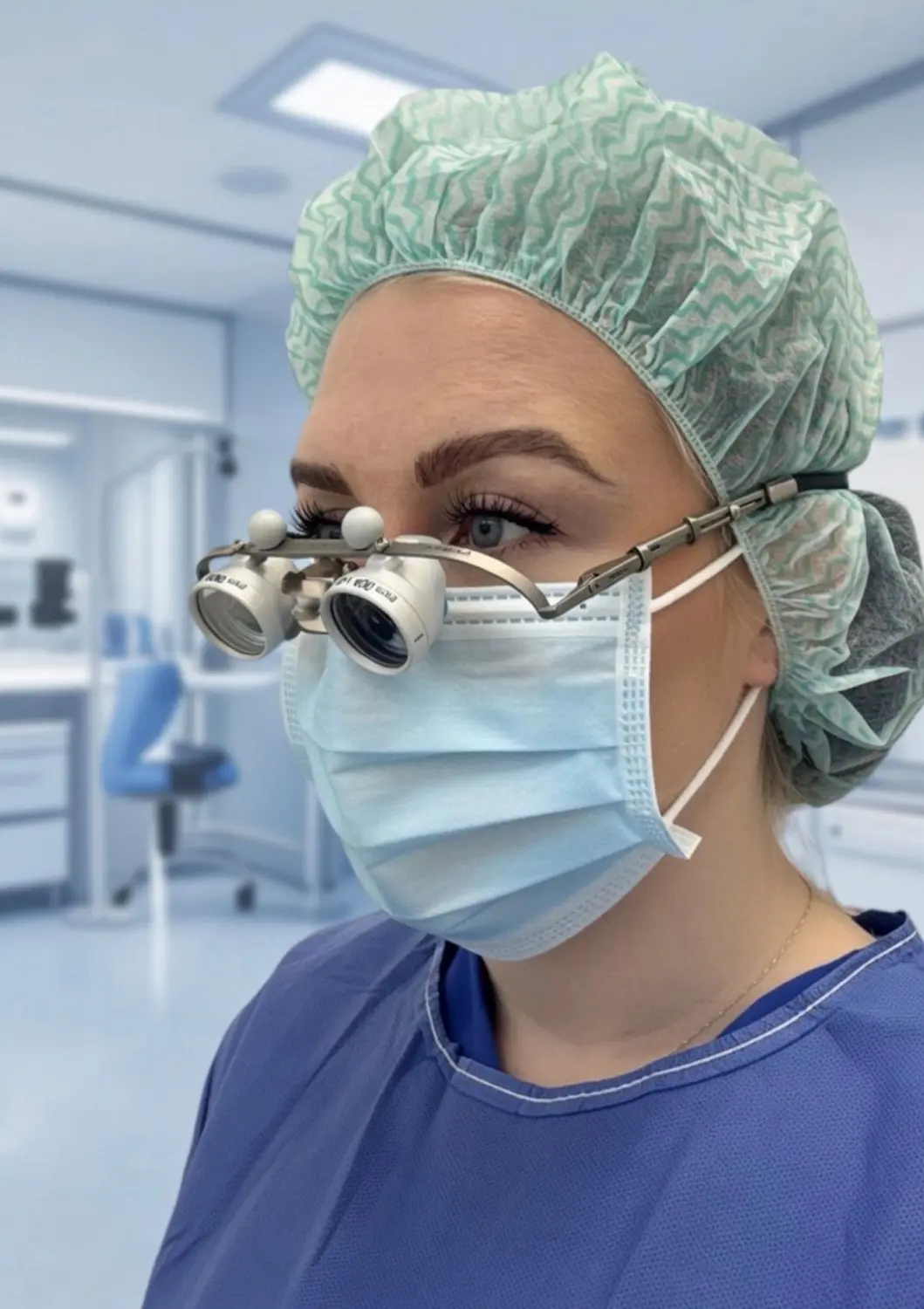 Praxis Olena Behrens – Augenheilkunde – Eine Frau untersucht ein Auge mit einem Ophthalmoskop in einer klinischen Umgebung.