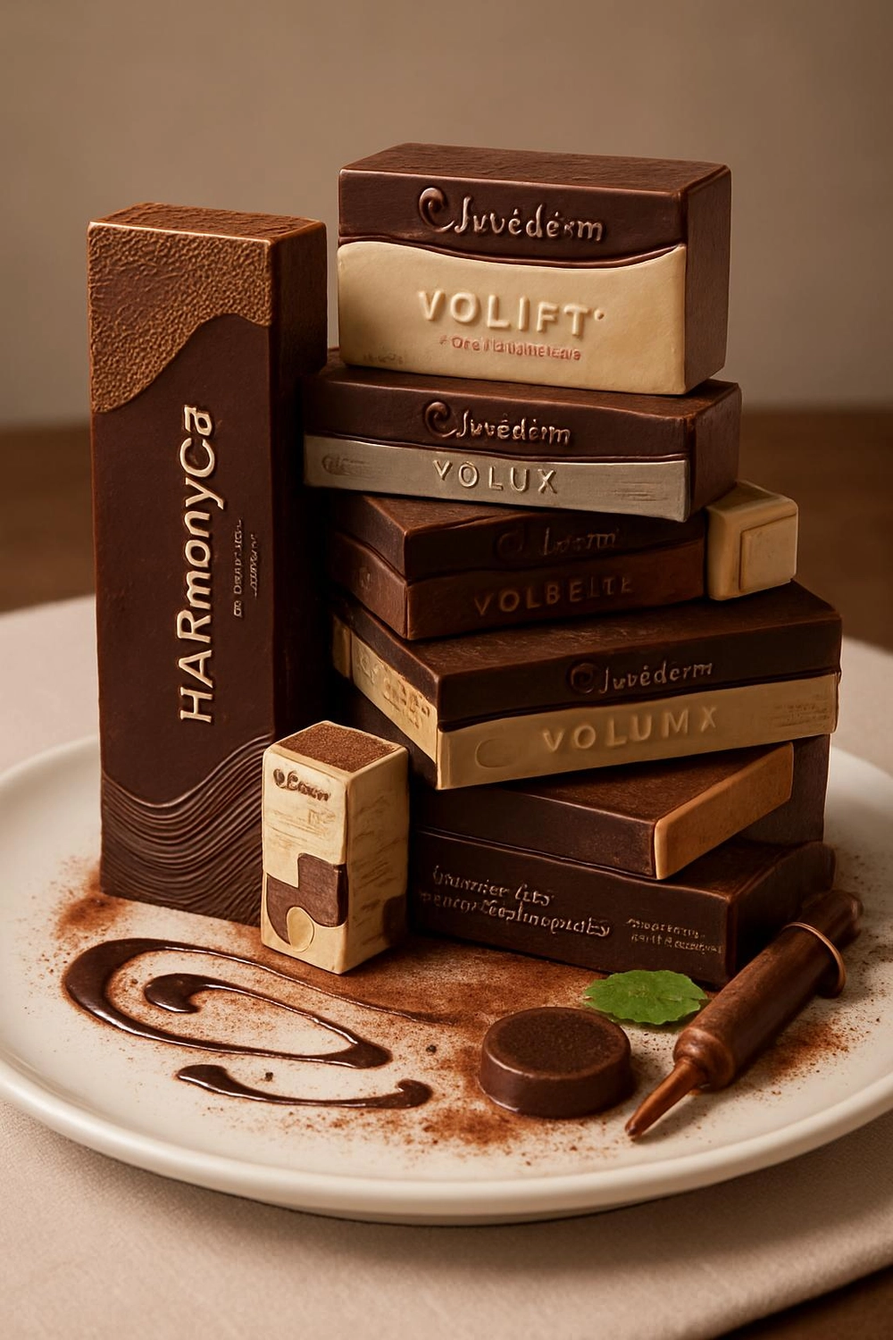 Praxis Olena Behrens – Augenheilkunde – Eine Sammlung von Kosmetikproduktverpackungen, die in einer optisch ansprechenden Anordnung gestapelt sind.